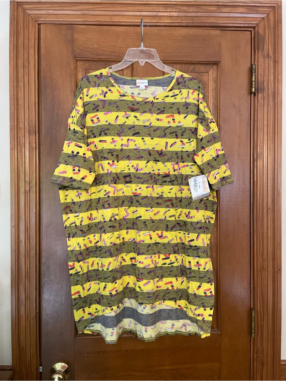 LuLaRoe Women’s Irma Bright‎ Yellow Striped Patterned Tunic, NWT, Size Large